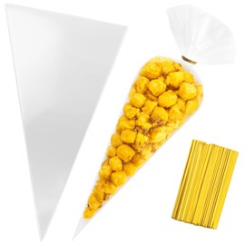 100Pcs 7x15 Inch Clear Cone-Shaped Treat Bags - Cellophane Triangle/Carrot-Shaped Pouches with Ties | Ideal for Graduation, Parties, Candy, Popcorn & Snacks | Decorative Gift Bags for Events