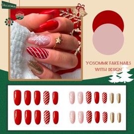 YOSOMMK Christmas Red Press on Nails Medium Almond Glue on Acrylic Nails Snowflake Fake Nails with Glitter Sequins Design Glossy Full Cover False Nails for Women