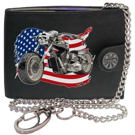 Klassek Motorcycle Chopper American Flag USA Motor Bike Mens Chain Wallet Gift Box Brand Real Black Leather RFID Blocking with Coin Pocket