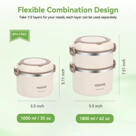 Voova Stackable Stainless Steel Thermal Lunch Box with Lunch Bag and Cultery Set for Adult Women Men, 2 Tier Leakproof All-in-One Insulated Bento Boxes Food Container for Work, Black