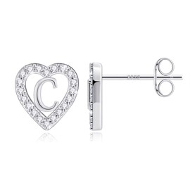 Anoup Silver Heart Earring, CZ Stud Earrings for Girls, Hypoallergenic Letter C Earrings, S925 Sterling Silver, 14K Gold Plated, Lightweight