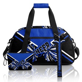 Cheer Duffel Bag Set with Makeup Bag & Bow Keychain, Sports Travel Gym Tote for Women Cheerleaders (Royal blue/Black/White)