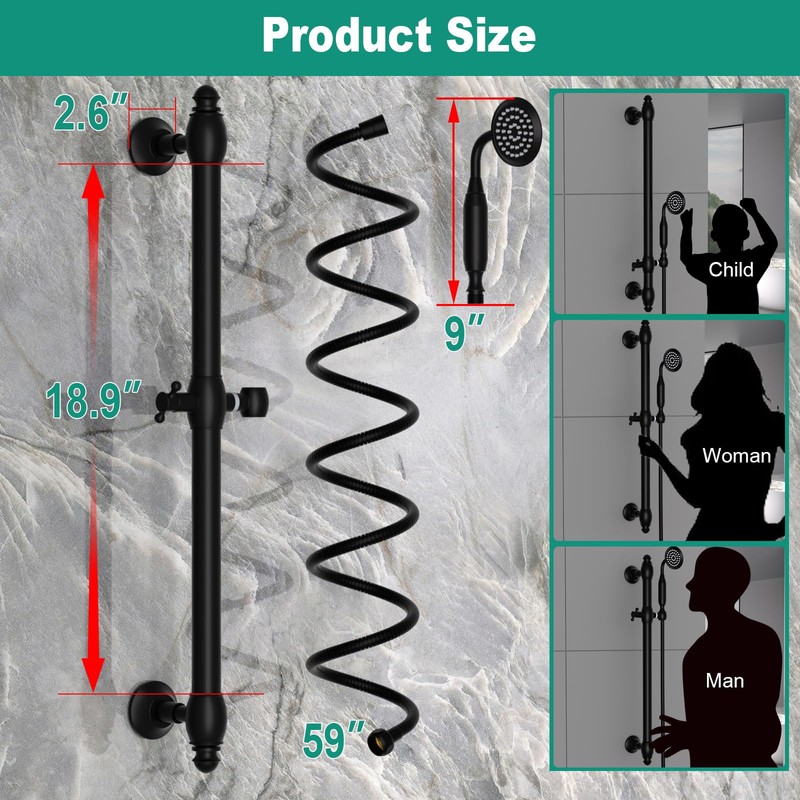 Brass Shower Slide Bar with Handheld Shower Head, Adjustable Height