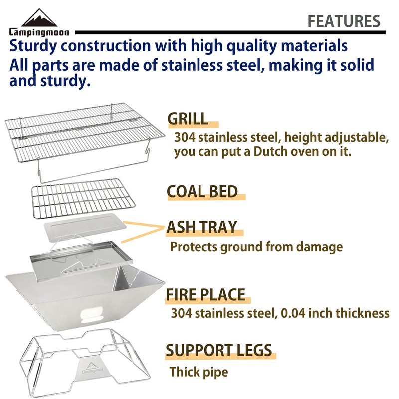 CAMPINGMOON Portable Camping Fire Pit Stainless Steel Foldable Collapsible BBQ
