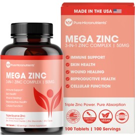 Mega Zinc Supplement, 50mg, 3-in-1 Zinc Complex, 100 Tablets - Pure Micronutrients