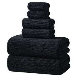 REDKISS 6-Piece Bath Towel Set - 2 Washcloths, 2 Hand Towels, 2 Bath Towels | Ultra-Fiber Coral Fleece, Super Absorbent, No Lint & No Fading | Perfect for Bathroom, Spa, Gym | Family & Adults-Black