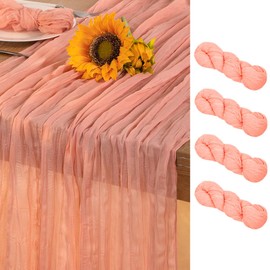 DeZerlor Coral Pink Cheesecloth Table Runner 4 Pack Spring Boho Sheer Cheese Cloth Table Runners Gauze 120 Inches Long Warm Pink Easter Table Decorations for Wedding Bridal Baby Shower Tea Party Decor