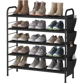 3 / 4/ 5 / 6 Tier Shoe Rack Storage Organizer Free Standing Metal Shoe Shelf Compact Shoe Organizer with Side Bag for Entryway Closet Bedroom,Bronze:_5 Tier-Black