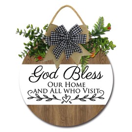 FemiaD God Bless Our Home Wall Decor,Home Decor Signs, Rustic Wooden Signs Farmhouse Blesses Home Wall Decor Round Wood Wreaths Wall Hanging for Home All Seasons 12inch
