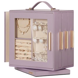 Homde Jewelry Box 360° Rotating, Necklace Earring Organizer with Transparent Window, Mirror, 7 Drawers, Large Ring Display Storage Case for Girls Women (Grey Purple)