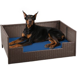 DWVO Rattan Dog House Outdoor Indoor with Cushion, Wicker Dog Sofa Bed for Small, Medium, and Large Dogs, 38.6''L*26.4''W*15''H, Blue