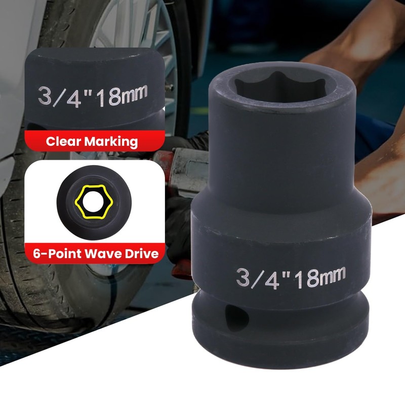 Deep 6-Point Impact Socket 3/4" Drive 18mm,Chrome Molybdenum Steel, Anti-Rust