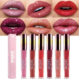 evpct evpct 6Pcs Matte to Glitter Liquid Lipstick Long Lasting Lip Set Kit,6 Color Diamond Dark Red Pink Purple Mauve Glitter Sparkly Glossy Metallic Shimmer Sparkle Waterproof Lipstick Lip Gloss for Women