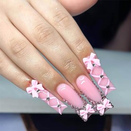 RUOKEXIN Pink Press on Nails Long Fake Nails Square False Nails with Pink 3D Bow Designs Rhinestones Glue on Nails Long Nail Press ons Sparkly Artificial Nails Cute Stick on Nails for Women 24Pcs