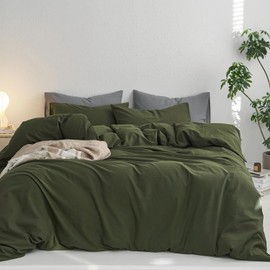 Lanqinglv Bed Linen 135 x 200 cm Cotton Renforce Dark Green, Linen Look Cotton Bed Linen with Zip, Oeko-Tex Bed Linen Suitable for Allergy Sufferers, 1 Duvet Cover and 1 Pillowcase 80 x 80 cm