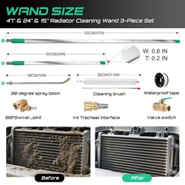 47" & 24" & 15" Radiator Cleaning Wand 5-Piece Set, 4500 PSI Stainless Steel Dual Water/Air Radiator Cleaner with Pressure Washer Gun Adapter & Tips for Cars, Trucks, Heavy Equipment,Silver& Green
