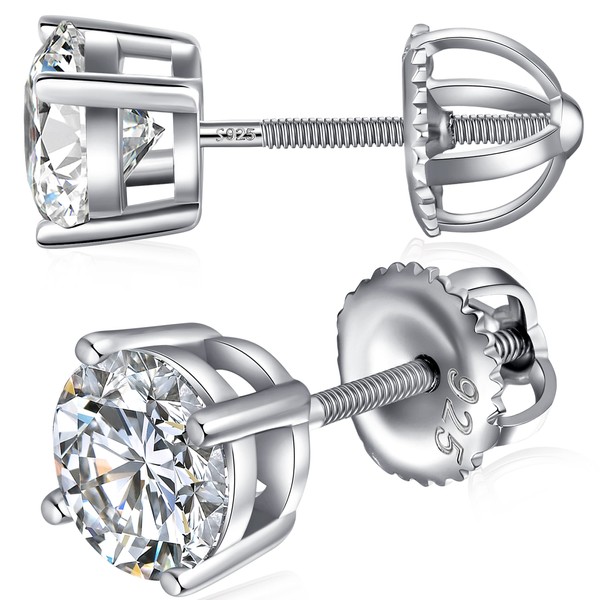 ZDaoBen Silver 7MM Screw Back Stud Earring with Cubic Zirconia,