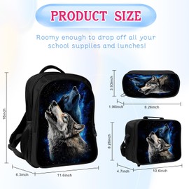 Lovira Wolf Backpack Wild Animal Bookbag 17 Inches 3PCS Set with Lunch Box Pencil Case School Bag Daypack for Kids Boys Students Teen