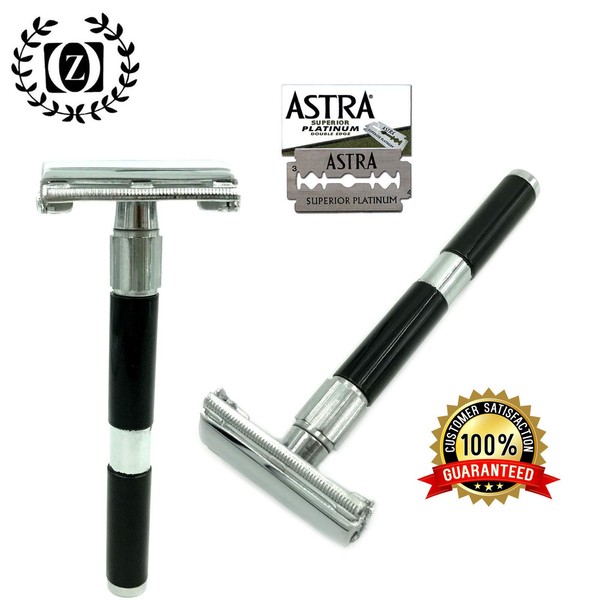 LONG HANDLE DOUBLE EDGE BUTTERFLY OPENING SAFETY RAZOR + FREE BLADES BLACK