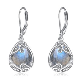 Moonstone Earrings for Women 925 Sterling Silver Filigree Moonstone Drop Earrings Leverback Jewellery Gifts, Sterling Silver, Labradorite