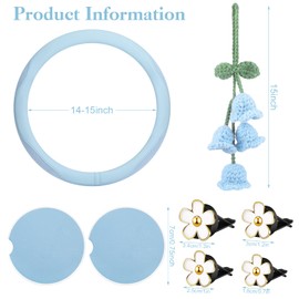 BBTO 4 Set Blue Car Accessories Set - Car Steering Wheel Cover, Ceramic Cup Holder Coasters, Crochet Car Hanging Ornament, Daisy Flower Air Vent Clip Car Air Freshener for Aesthetic Car Decoration