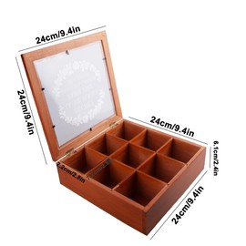 wocpvm 9-Compartment Organiser Box, Wooden Tea Box, Tea Bag Organiser, Storage Box for Cosmetics, Jewellery & Tea Bags, Decorative Box as Stylish Gift Packaging, 24 x 24 x 7 cm