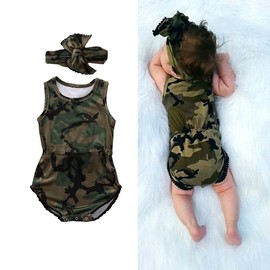 KIDSA 0-24M Camo Baby Boy Girl Romper Clothes One-Pieces Jumpsuit Bodysuit Outfits Set with Headband