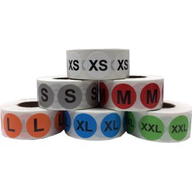 Color Coded Circle Clothing Size Stickers Pack, 19 mm 3/4 Inch Round, Includes 1 Roll of XS, S, M, L, XL, and XXL, 500 Total Labels per Size