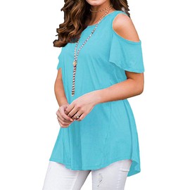 Afibi - Blusa tipo túnica con hombros descubiertos para mujer, manga 3/4, para leggings, A-Azul Claro, S