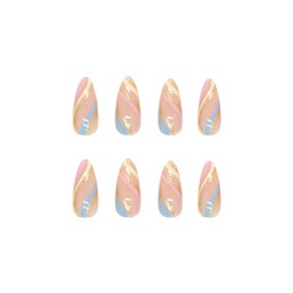 24PCS Short False Nails with Glue Stickers, Almond Full Cover Acrylic Nails Press on Nails no Glue,Golden Ribbon Ripple French Tip Fake Nails Stick on Nails for Women and Girls Nail Art.
