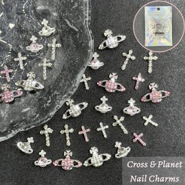 ITPOYOL 32 PCS Planet Nail Charms White Pink Cross Nail Charms for Acrylic Nails 3D Nail Art Supplies Saturn Rhinestones Design Nail Gems Shiny Nail Art Jewels Accessories for Women Nail Decorations