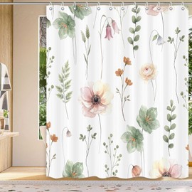 Cute Floral Shower Curtain, Sage Green Flower Shower Curtains for Bathroom, Modern Minimalist Farmhouse Waterproof Fabric Bath Decor 72 X 72 Inch