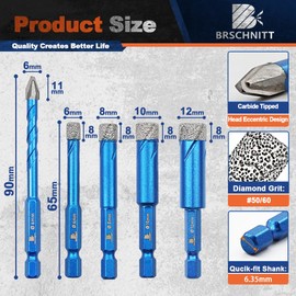 BRSCHNITT Diamond Drill Bit Hex Shank 1/4"*2,5/16",3/8",1/2"- Head Eccentric Drill Bit 1/4"Masonry Drill Bit for Porcelain Ceramic Tiles Glass Plastic Granite(6pcs)