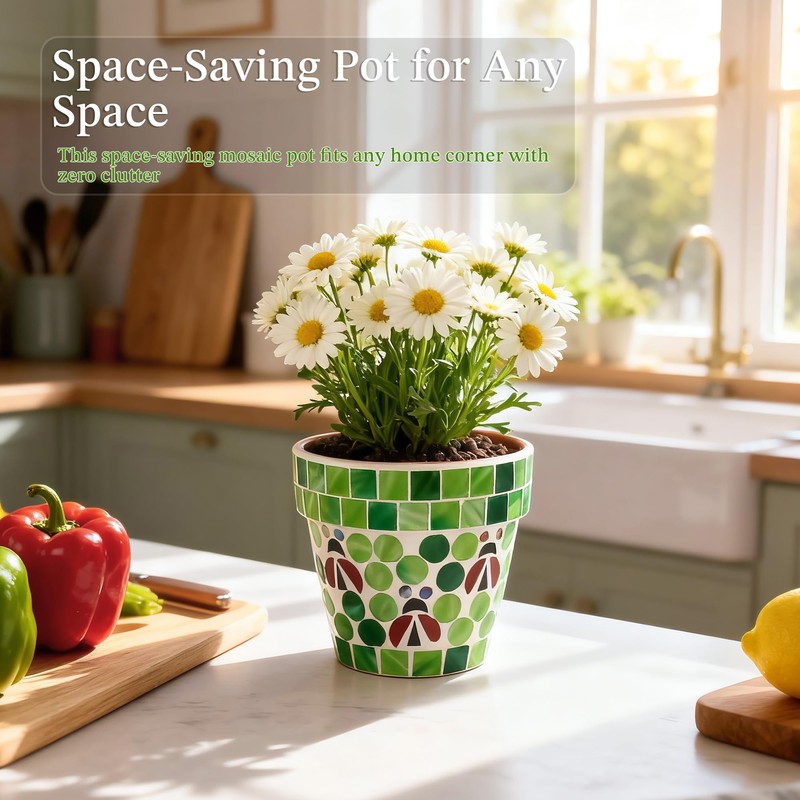 VOREEN Mosaic Terracotta Flower Pot with Ladybug Design, Drainage Hole,