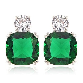 [RIZILIA CLASSIC] Stud Pierced Earrings with Cushion Cut Gemstones CZ [Green Emerald] in 18K White Gold Plated, Simple Modern Elegant