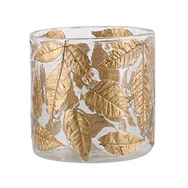HomArt Medium Enameled Gold Leaf Hurricane, 4 inch-Height, Gold Leaves and Glass