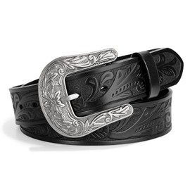 SUOSDEY Western Belt for Women Men Cowboy Cowgirl Leather Belt for Jeans Vintage Engraving Belt with Buckle, A-Black