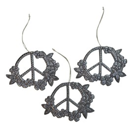 Christmas Ornaments Set of 3, Peace Sign with Flowers, Handmade Haitian Art, Holiday Ornament Exchange, Decorations, 4 x 3 Inches