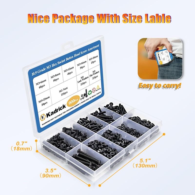 Kadrick 900Pcs M3 Screw Assortment,Machine Screws with Nuts Washers, Grade