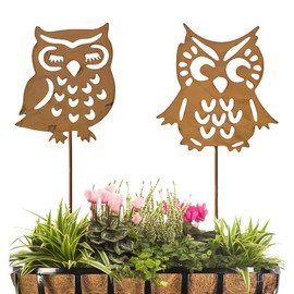 Metallic Animal Decoration for the Garden, Owl-Shaped Garden Decoration for Outdoor Areas, Accessories for Decorative Garden Stakes and Lawn Ornaments, Autumn Decoration for the Garden, 2-Piece Set