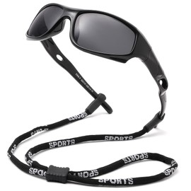 Pro Acme Kids Sunglasses for Boys Girls, Polarized Sports Child Youth Baseball Sunglasses with Strap for Kids Ages 3-12 (All Black)