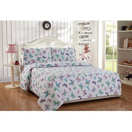 Linen Plus Comforter Set for Girls Butterflies Hearts Flowers Purple Turquoise Pink Green White New (Twin)
