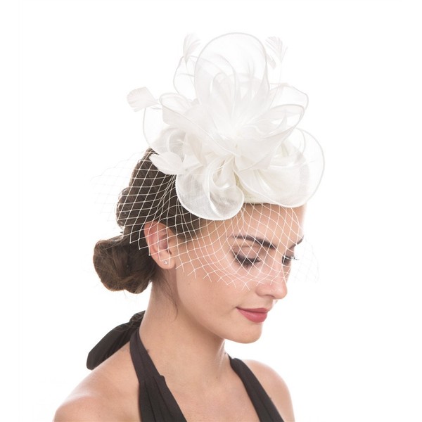 Fascinators Hat Flower Mesh Bands Feathers on a Headband and a Split Clip Cocktail Tea Party Wedding Church Headwear for Girls and Women Bride, A2 white