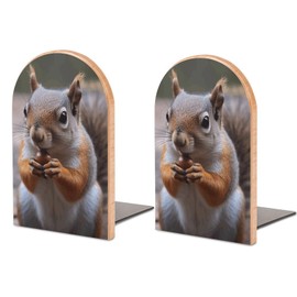 Wood Bookends, Cute Squirrel Print Wood Bookends, Non-Skid Bookend for Shelves, Support for Books and Movies (Beech 1 Pair)