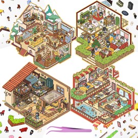 4 Sets DIY 3D Fun Big Size House Scenes Stickers with Tweezers Make Your Own Mini Vintage Villa Party Stickers Scenes Cute Micro Room Craft Scrapbook Stickers for Relief Stress Pass The Time
