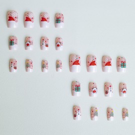 OHWODA Christmas Press on Nails Short Square Fake Nails, Cute Winter Press on Nails with Snowflake Snowman Santa Hat Designs Glossy Winter Xmas Acrylic Nails Christmas Glue on Nails for Women 24Pcs