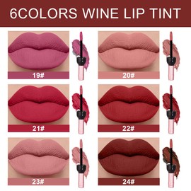 BINGBRUSH 6 Colors Matte Red Wine Liquid Lipstick Pack Set,Wine Lip Tint Long Lasting 24 Hour Waterproof Velvet Nonstick Cup Lipgloss Lip Stain Pigmented Lip Makeup Gift Sets