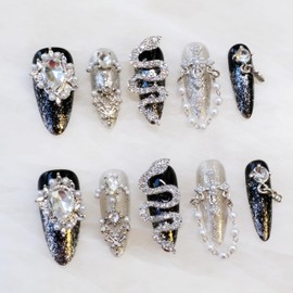 [GLORS] Luxury Press-On Nails, Black and Silver Glitter with Rhinestones, Pearl Chain and Serpent Design, 10 Pieces (S, LS)