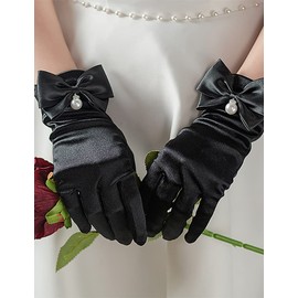 GRYUIRY Women's Fancy Wrist Length Satin Gloves Bow Pearl Short Satin Opera Tea Party Gloves White