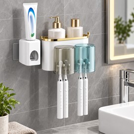 Wall Mounted Toothbrush Holder with Toothpaste Squeezer – Multifunctional Bathroom Organizer with Mug Holder for Shower Room Storage